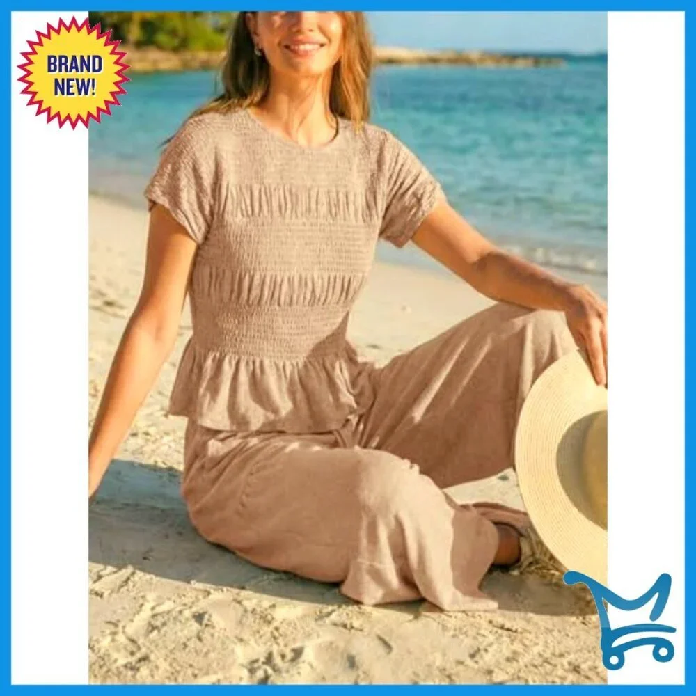 Smocked Top Wide Leg Pants Set High Waisted Lounge Outfit with Pockets